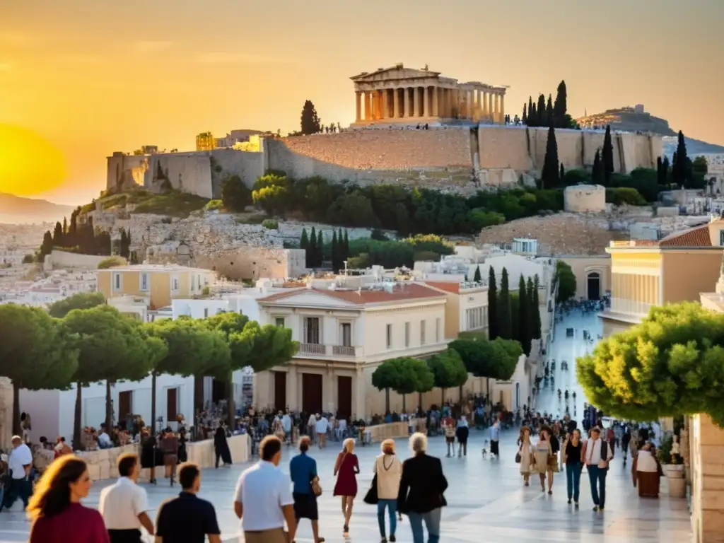 Vibrante escena de las calles de Atenas moderna con la icónica Acrópolis al fondo
