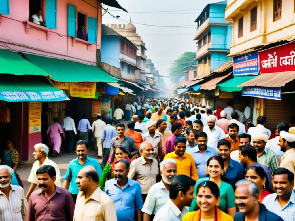 Vibrante escena de una concurrida calle en la India, con gente y puestos de mercado, capturando la influencia del hinduismo en política y vida cotidiana
