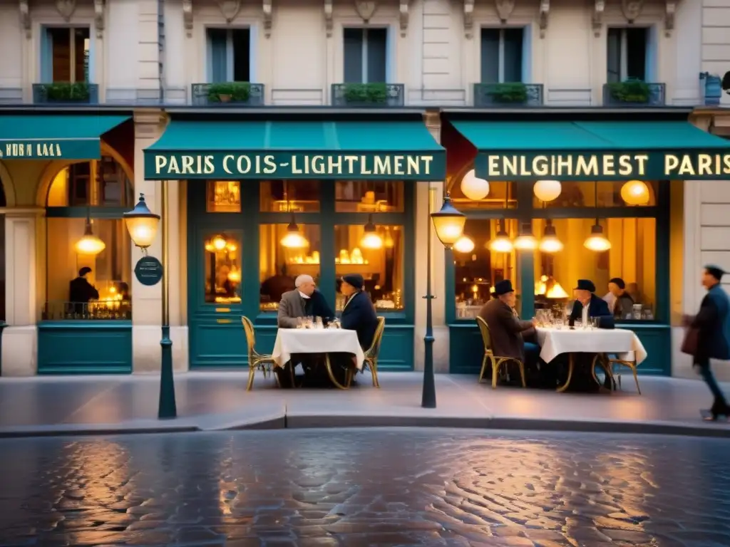 Vibrante escena de París durante la Ilustración, con filósofos debatiendo en cafés y arquitectura elegante de fondo