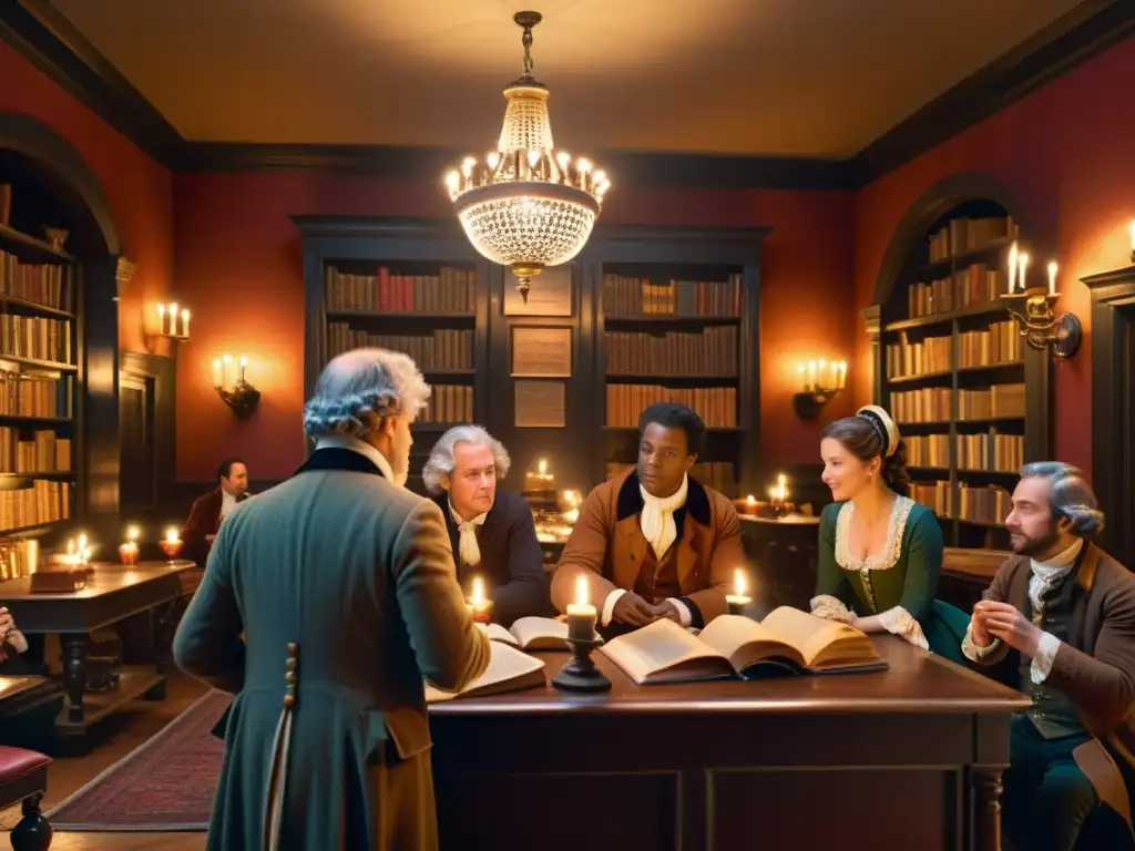 Vibrante escena ilustrada del auge del Iluminismo, con intelectuales en un bullicioso café del siglo XVIII, rodeados de libros y luz de velas