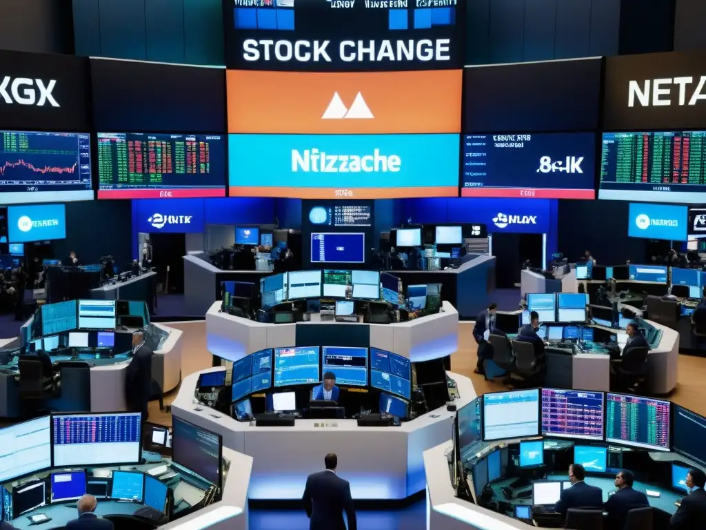 Vibrante escena del mercado de valores con traders concentrados y pantallas parpadeantes