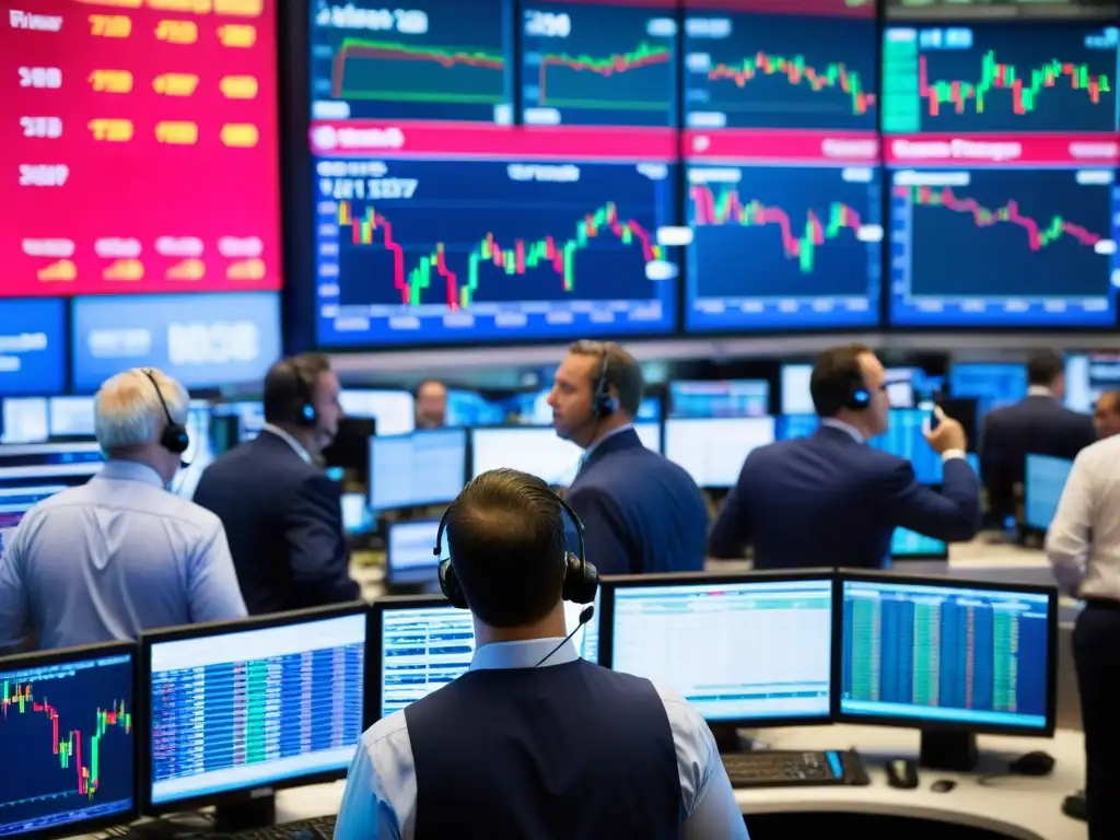 Vibrante escena de traders en constante cambio en las finanzas, comunicándose y operando en la bulliciosa bolsa de valores