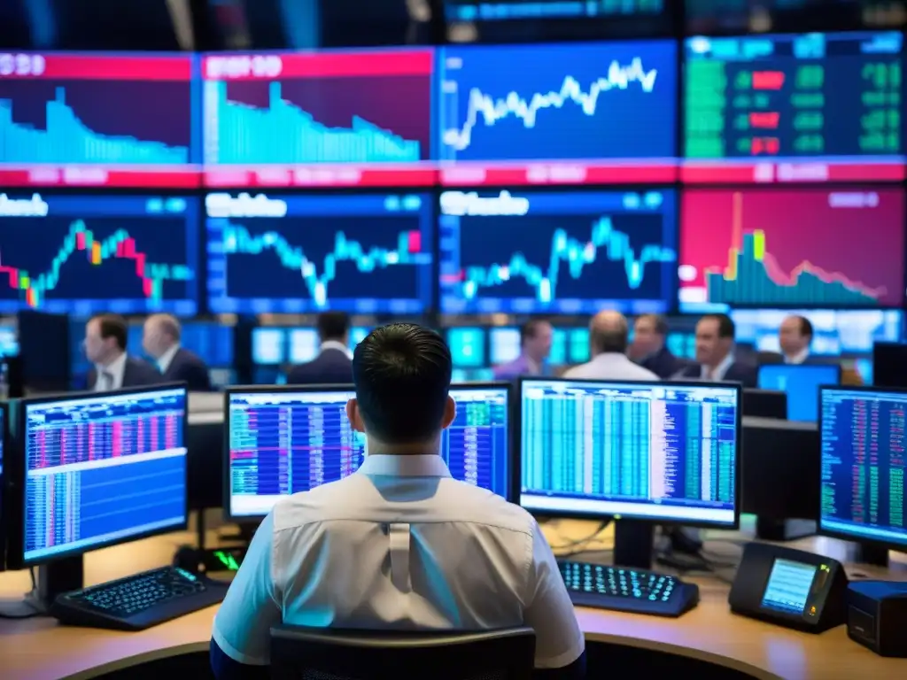 Vibrante escena de trading en el mercado bursátil, con traders realizando decisiones individualistas