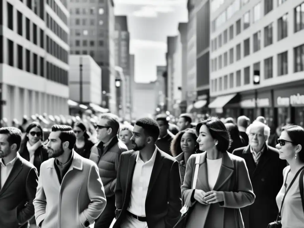 Una vibrante escena urbana en blanco y negro con personas de diferentes edades y trasfondos caminando en múltiples direcciones