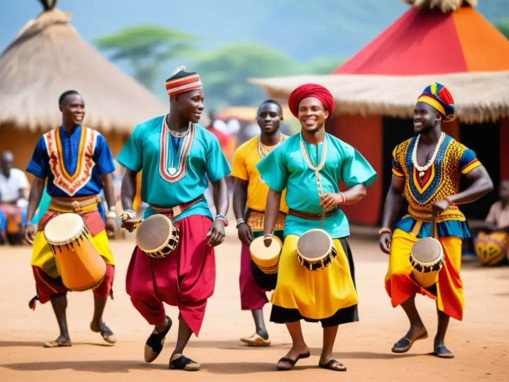 Un vibrante espectáculo de danza y música africana en una colorida plaza del pueblo