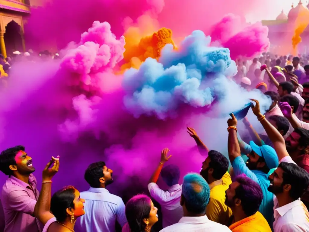 Vibrante festival Holi en India, explosión de colores y energía espiritual contagiosa en festivales hindúes