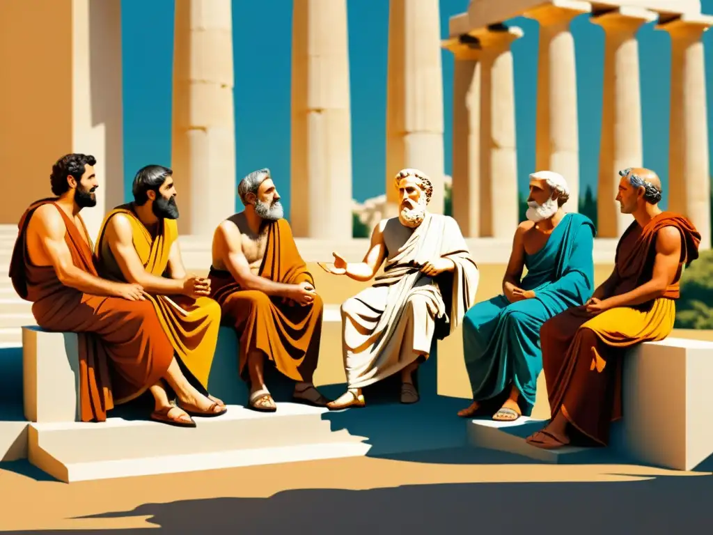 Vibrante discusión filosófica de los antiguos Megáricos en la soleada ágora griega