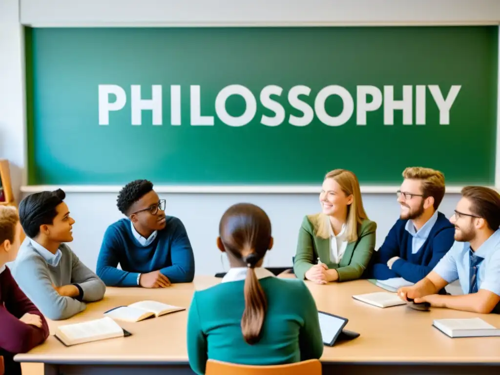 Vibrante discusión filosófica en aula con estudiantes y maestro