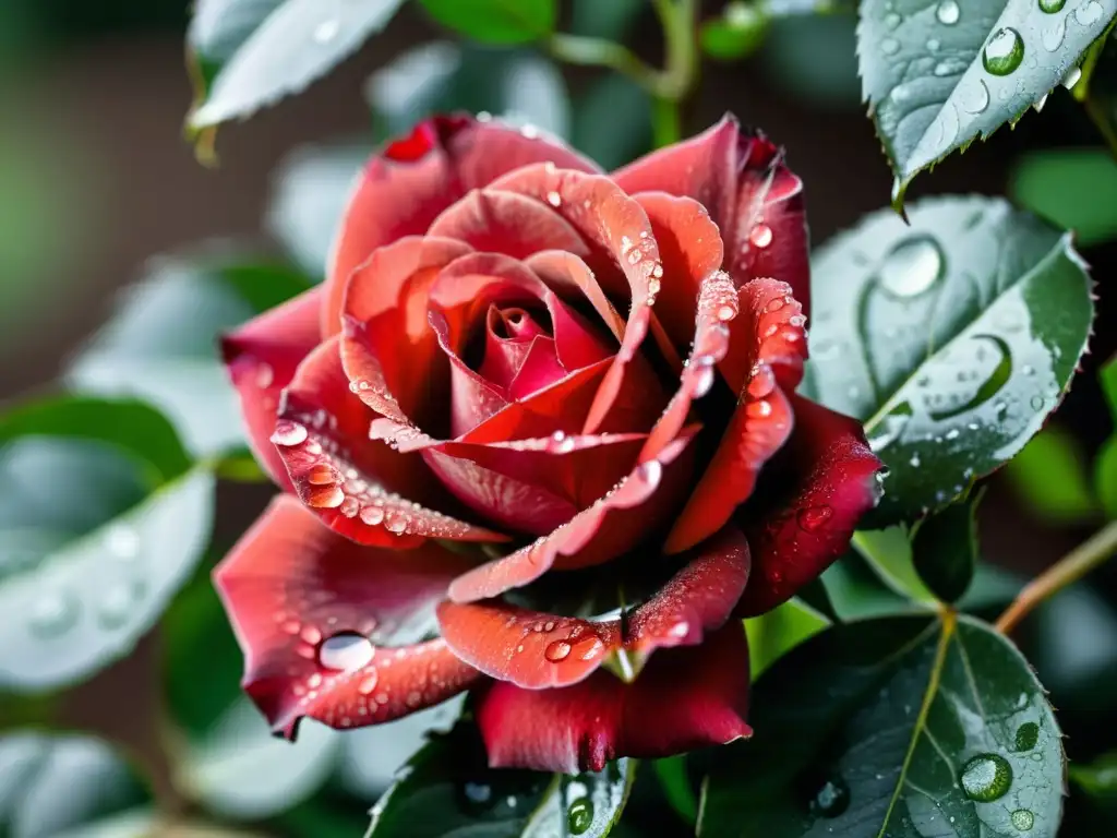 Una rosa roja vibrante con gotas de rocío, capturando la belleza y fragilidad de la naturaleza