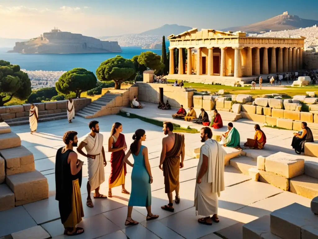 Vibrante imagen de una animada ágora griega con filósofos discutiendo, ciudadanos interactuando y el paisaje urbano de fondo