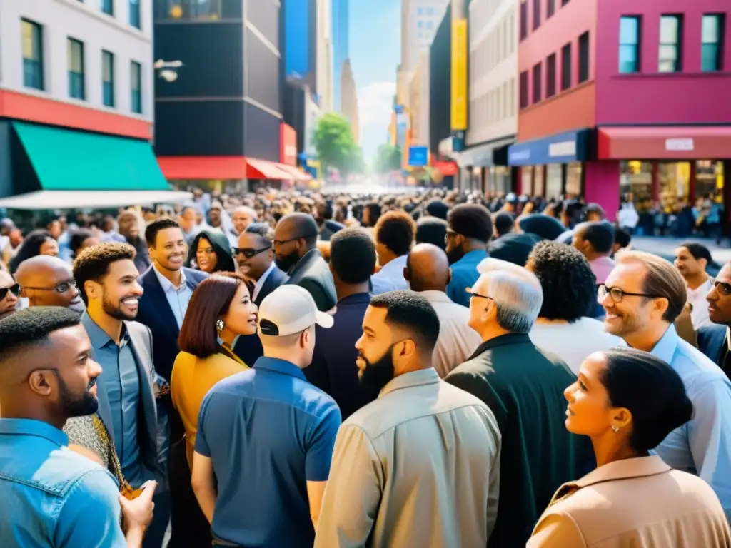 Vibrante imagen de una bulliciosa calle urbana, personas debatiendo ideas, reflejando la diversidad y complejidad de la sociedad contemporánea