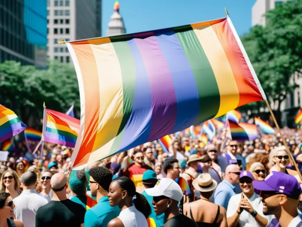 Una vibrante manifestación del orgullo LGBTQ+ en la ciudad, llena de colores, banderas y activismo queer diversidad filosofía
