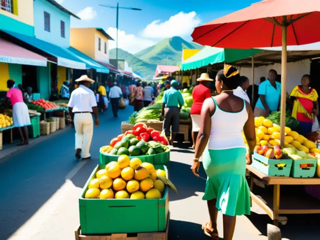 Un vibrante mercado callejero en el Caribe con coloridas vestimentas tradicionales, frutas, verduras y artesanías