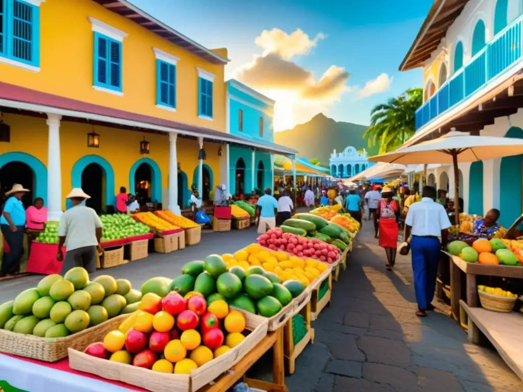 Vibrante mercado caribeño preservando filosofía antigua, lleno de frutas coloridas, artesanías y ropa tradicional, bajo el cálido sol