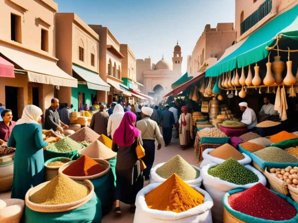 Vibrante mercado en una ciudad del norte de África, reflejando la filosofía panafricanista en el norte con colores, productos tradicionales y bullicio