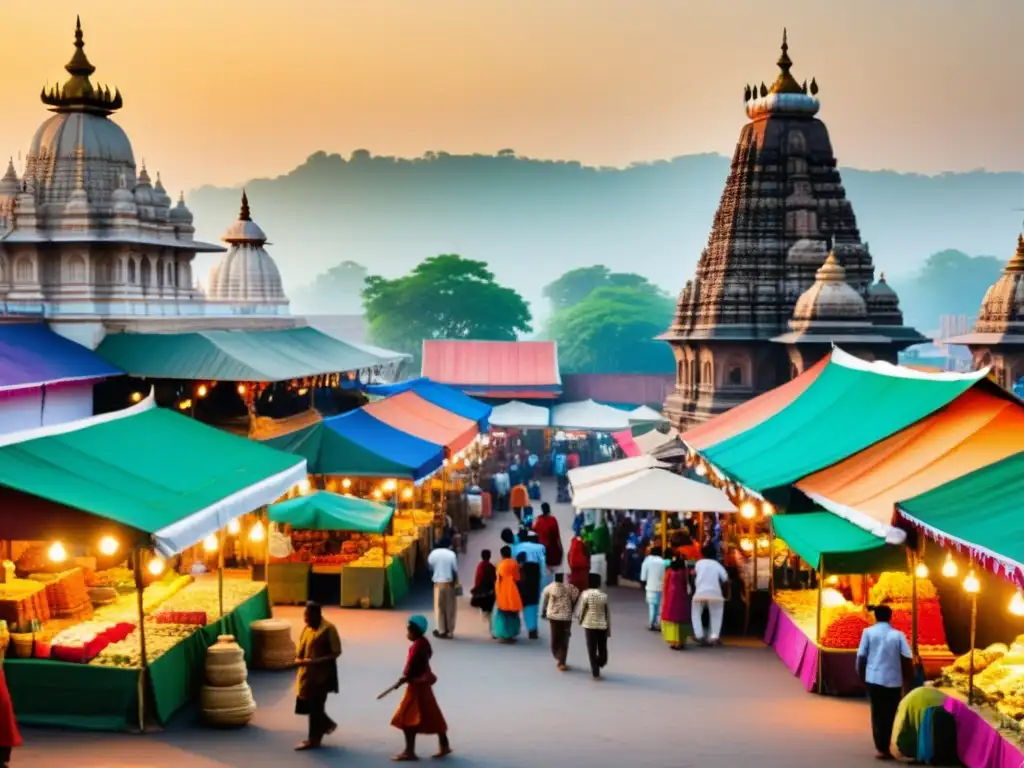 Vibrante mercado hindú con elementos antiguos y modernos, capturando la adaptación del hinduismo en la era digital