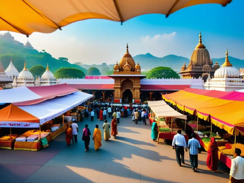 Vibrante mercado indio con templo jainista de fondo