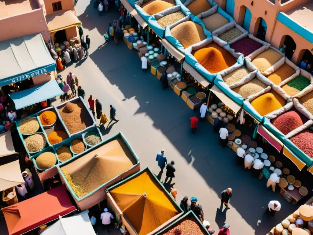 Un vibrante mercado en Marruecos, con un laberinto de calles estrechas y mercaderes