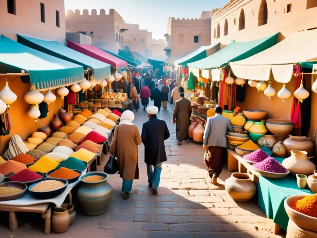 Vibrante mercado norteafricano con estética en la filosofía, textiles coloridos y conversaciones animadas entre comerciantes y clientes