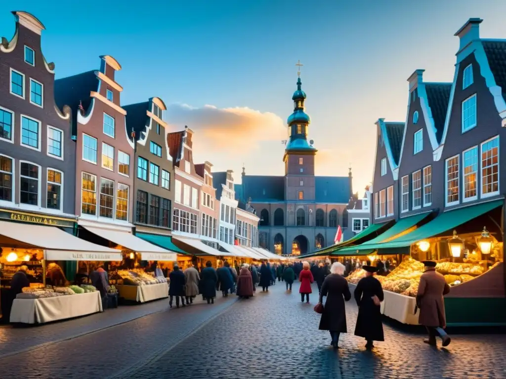 Vibrante mercado del siglo XVIII en Holanda con la Ruta de los Filósofos Ilustrados