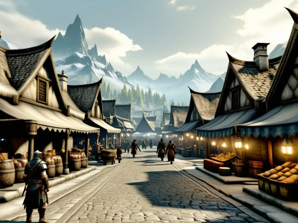 Vibrante mercado de Whiterun en el juego Skyrim, reflejo de la compleja sociedad y política del videojuego de fantasía