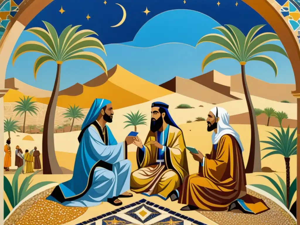 Un vibrante mosaico medieval muestra a filósofos del Magreb debatiendo bajo una palmera en un paisaje desértico