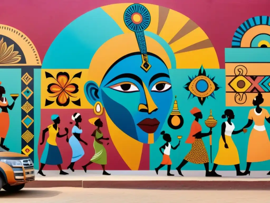Un vibrante mural en un bullicioso mercado africano, muestra un sincretismo en corrientes filosóficas mundiales entre símbolos africanos y motivos de otras culturas, con colores ricos y una energía cultural vibrante