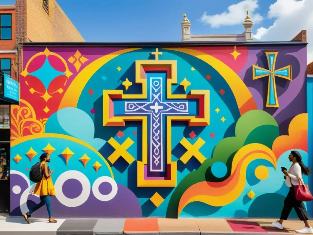 Vibrante mural callejero muestra sincretismo filosófico en la ciudad bulliciosa