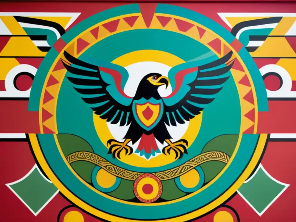 Vibrante mural contemporáneo del emblema mesoamericano de águila y serpiente, fusionando simbolismo antiguo con interpretaciones filosóficas modernas