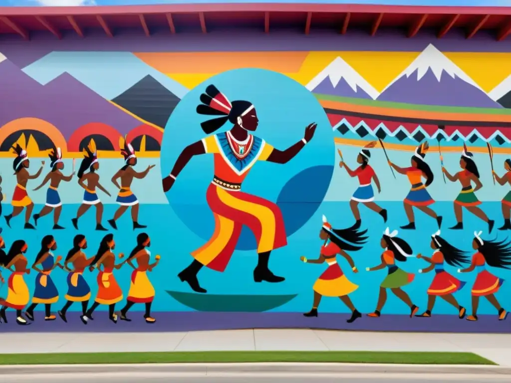 Vibrante mural de revitalización cultural en corrientes filosóficas con rituales indígenas, danzas y transmisión de sabiduría