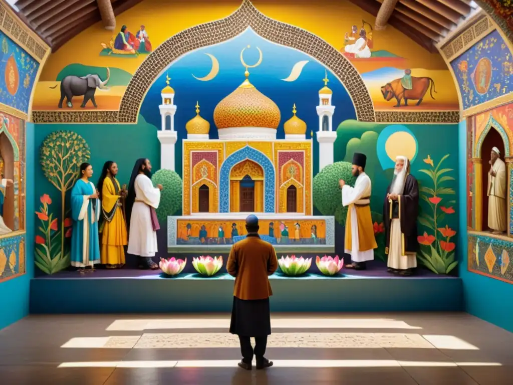 Un vibrante mural representa el diálogo interreligioso a través del arte, con diversas personas y músicos celebrando la diversidad religiosa