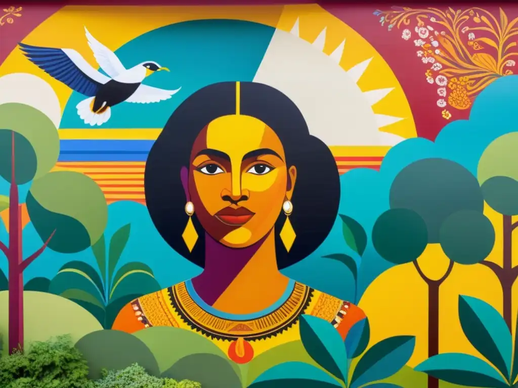 Un vibrante mural que reshapa la historia a través de narrativas de literatura postcolonial, con escenas de resistencia, resiliencia y celebración cultural, transmitiendo una compleja y multifacética naturaleza