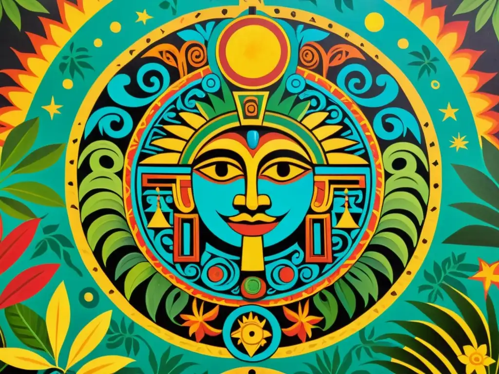 Vibrante mural maya en la selva, con símbolos celestiales y el sol y la luna en el centro