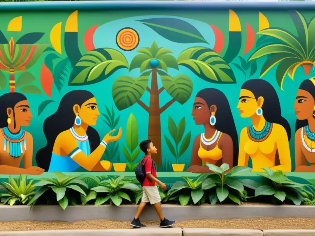 Vibrante mural mesoamericano muestra jóvenes en formación moral bajo la guía de sabios ancianos, rodeados de símbolos y naturaleza exuberante