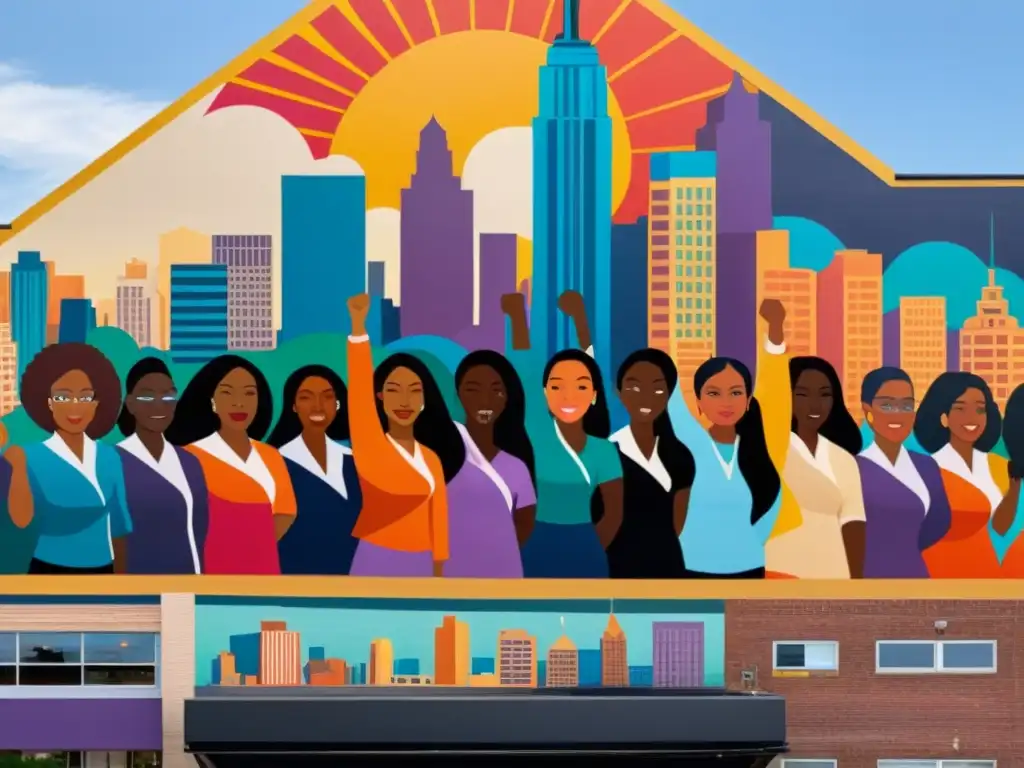 Vibrante mural de mujeres diversas expresando solidaridad y fuerza, con fondo de ciudad