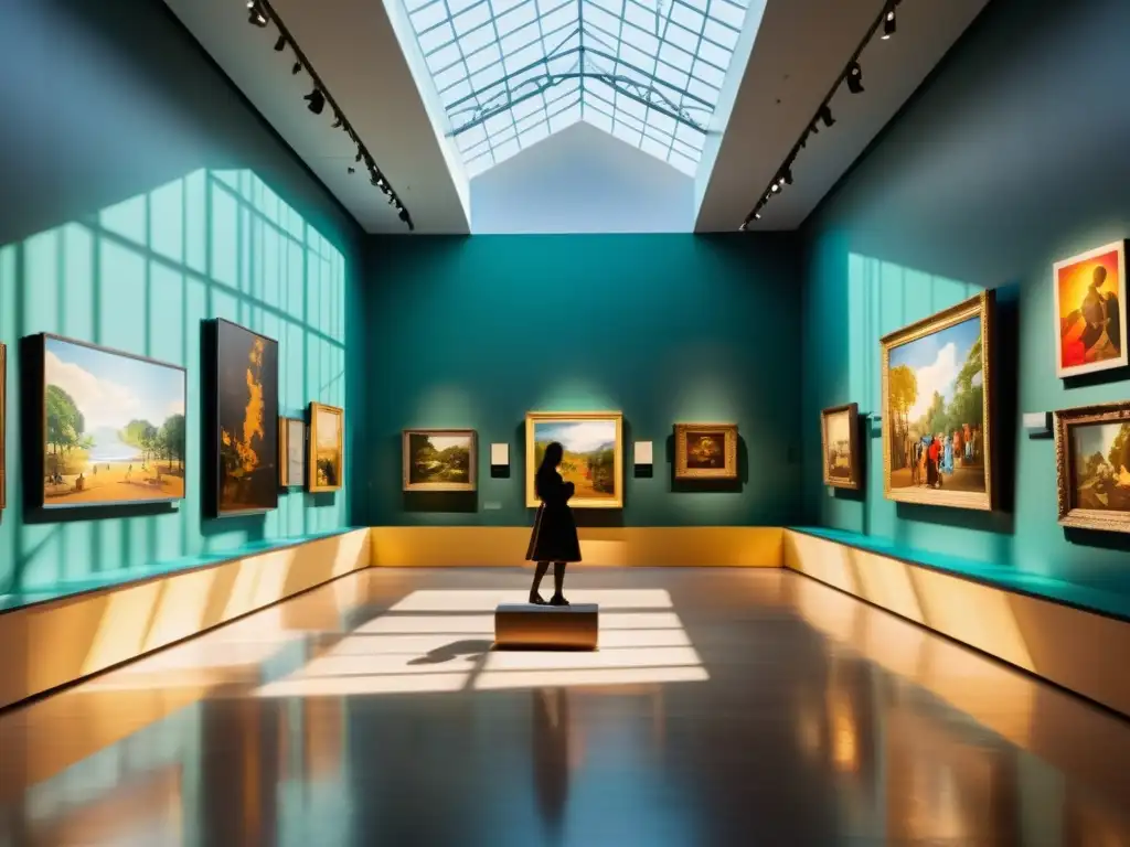 Vibrante museo de arte contemporáneo con esculturas, pinturas y visitantes, curso online filosofía del arte