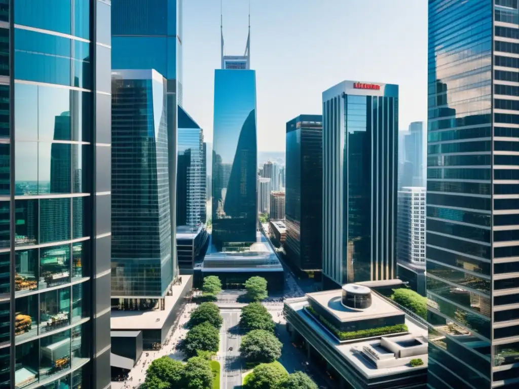 Vibrante paisaje urbano con rascacielos y profesionales ocupados, reflejando la ética en la competencia empresarial