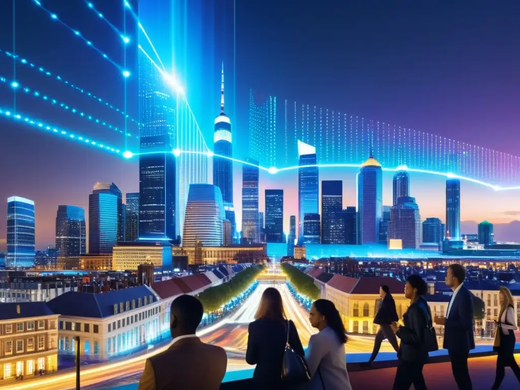 Vibrante panorama urbano con rascacielos futuristas y edificios históricos, iluminados por luces interconectadas