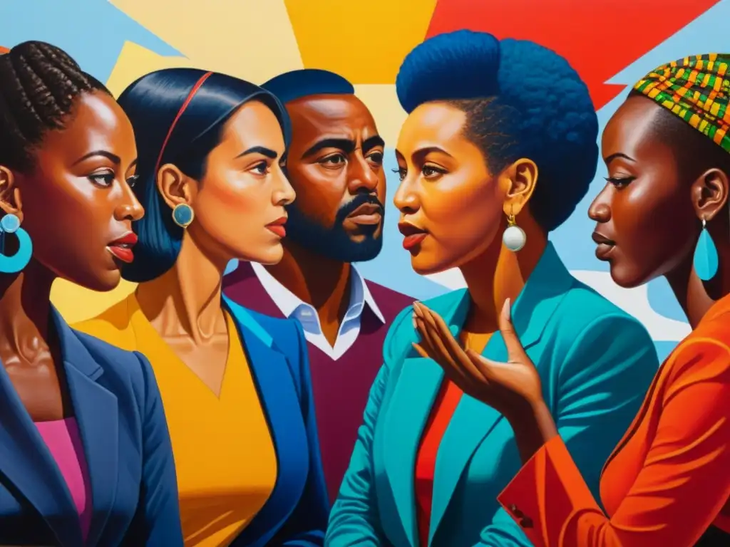 Una vibrante pintura detallada que representa un grupo diverso de personas debatiendo apasionadamente sobre la crítica postcolonialismo y nacionalismo filosofía, con colores ricos que capturan la diversidad de perspectivas y expresiones