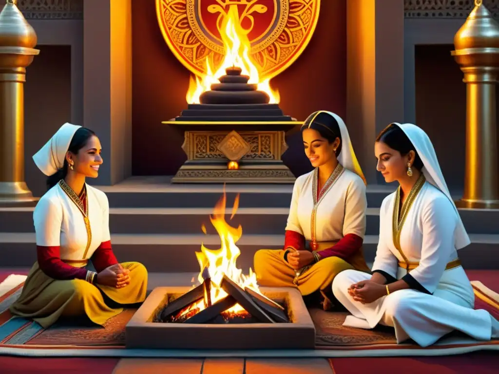 Vibrante pintura digital de mujeres en el Zoroastrismo realizando rituales en un templo adornado