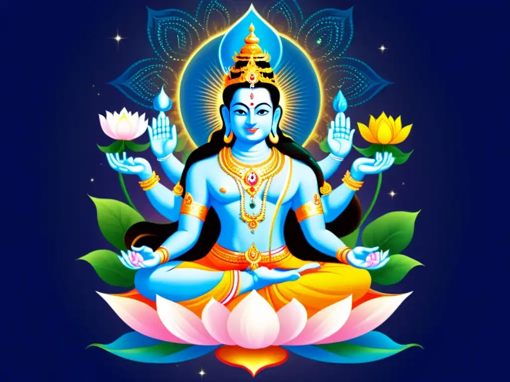 Vibrante pintura digital del trío divino hindú: Brahma, Vishnu y Shiva, en escena cósmica con elementos celestiales