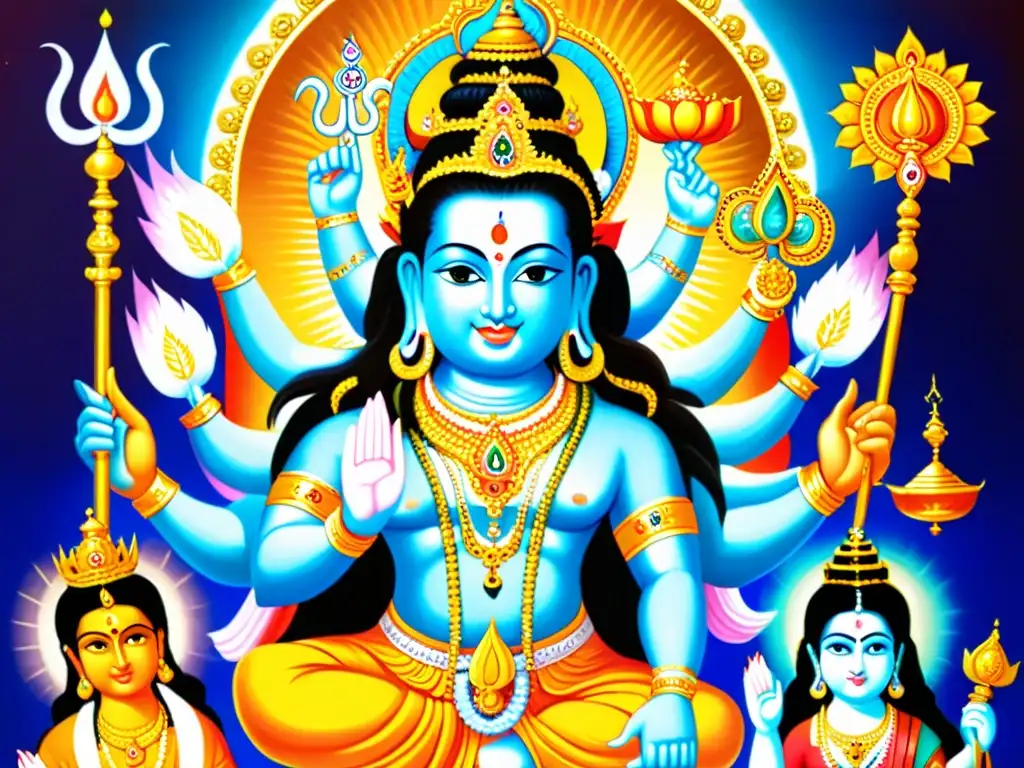 Vibrante pintura del trío divino hindú: Brahma, Vishnu y Shiva, con significado esotérico