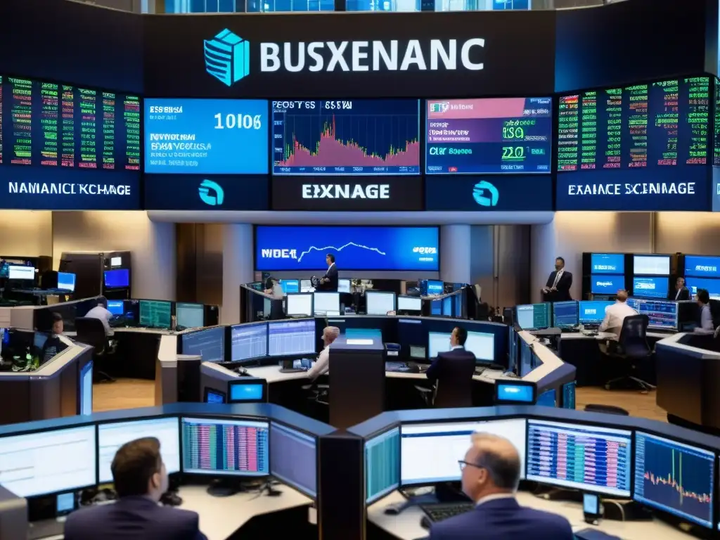 Vibrante piso de bolsa, con traders y pantallas mostrando datos financieros