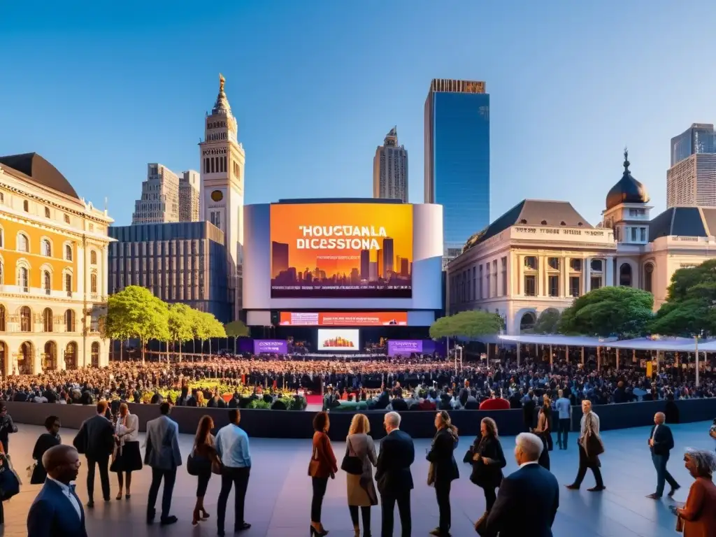 Vibrante plaza de la ciudad con debates políticos y arquitectura moderna