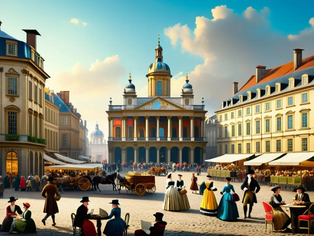 Vibrante plaza del siglo XVIII con personas debatiendo, leyendo periódicos y participando en actividades intelectuales