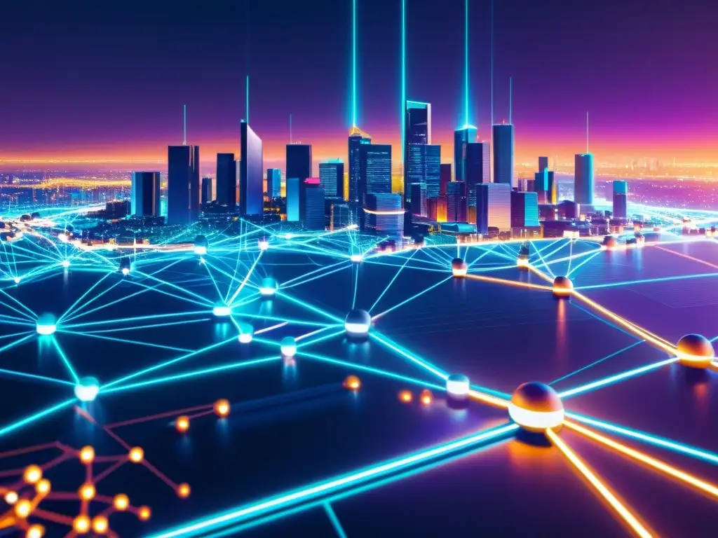 Vibrante red de nodos y líneas, evocando una ciudad futurista de neon
