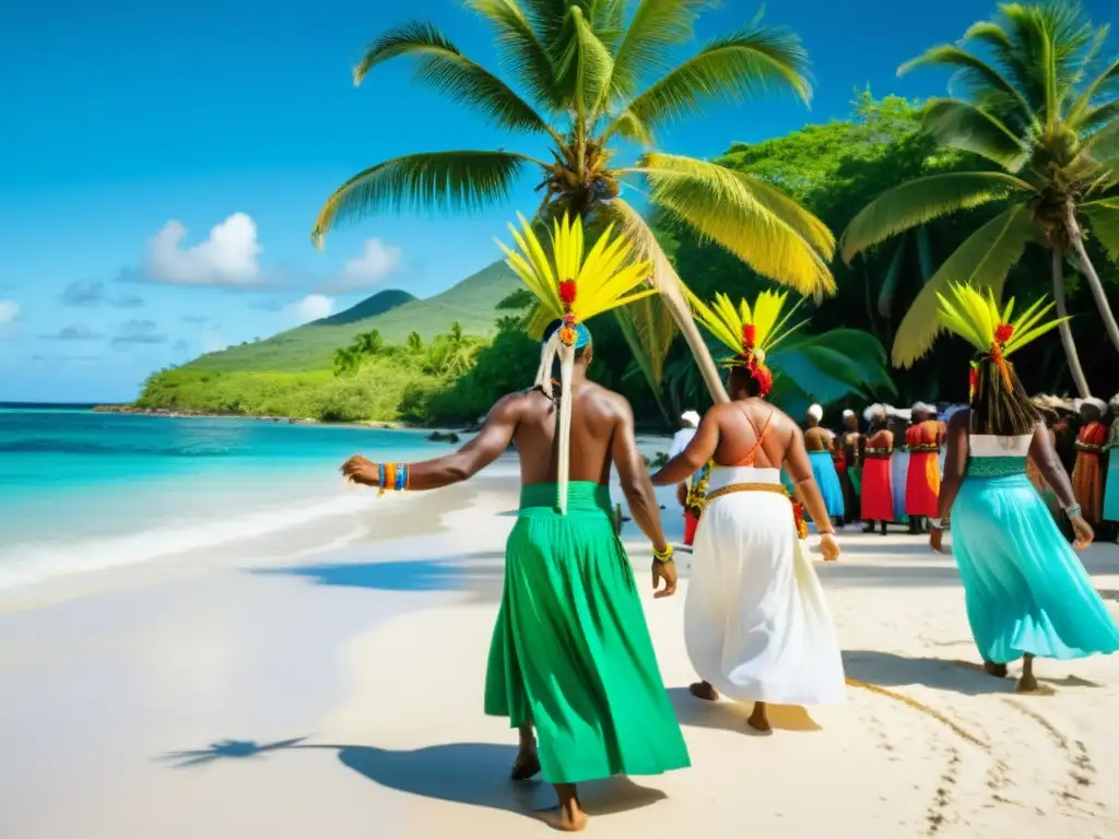 Un vibrante ritual caribeño en la playa, con participantes vestidos en atuendos coloridos y danzas sagradas, rodeados de palmeras y el océano