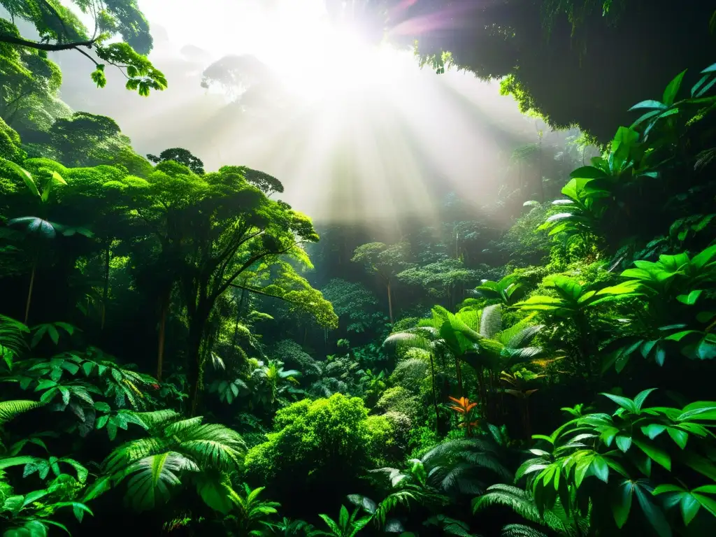 Vibrante selva tropical con diversa flora y fauna, luz filtrándose entre el dosel