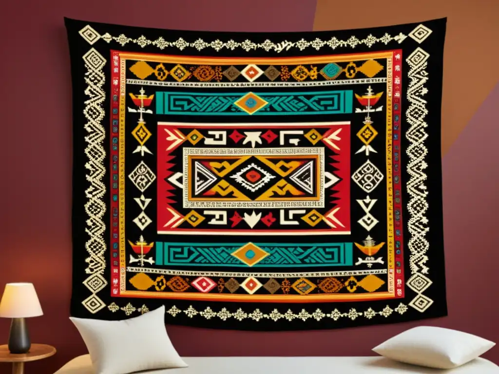 Una fotografía de alta resolución de un vibrante tapiz mixteco tejido con intrincados patrones geométricos y símbolos que transmiten la antigua filosofía y religión mixteca