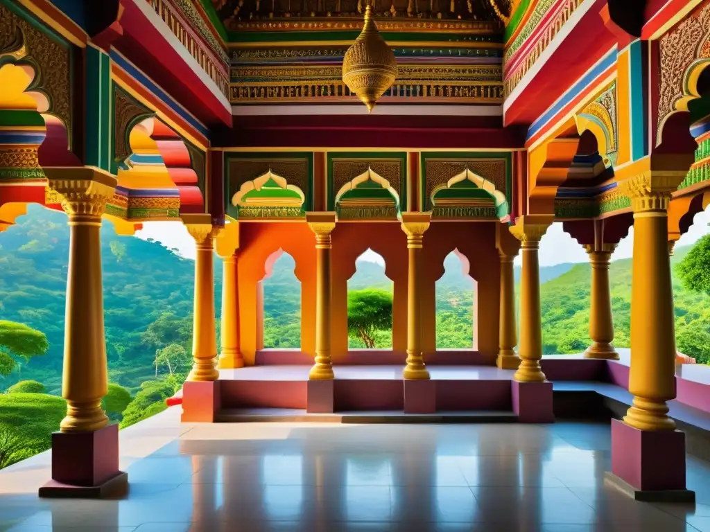 Vibrante templo jainista con intrincados detalles arquitectónicos y devotos en ceremonia, capturando la esencia espiritual y cultural del Jainismo, comparación sectas Jainismo